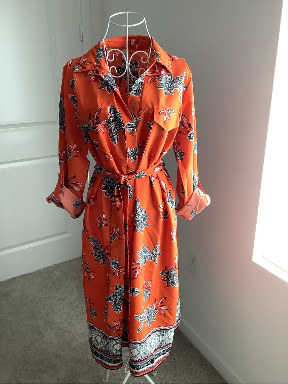 NY Collection Orange Floral Button-Front Dress with Print Trim